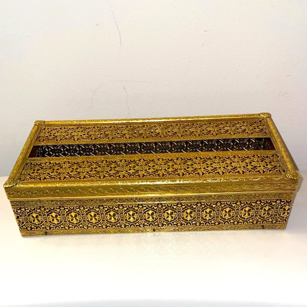 Vintage Tissue Box Holder Gold Filigree Hollywood Regency Metal